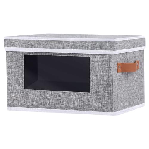 OUTBROS Boîte de Rangement, 33x23x20 cm Boîte avec Couvercle, avec Fenêtre Transparente, Panier en Tissu Pliable, Armoire Panier de Rangement, Gris, Paquet de 1