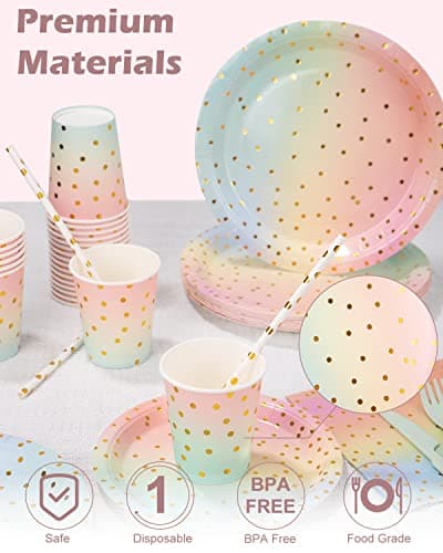 Vaisselle Jetable Anniversaire Pastel, 125 Pièces Vaisselle Jetable Decoration Anniversaire Set Comprendre Assiettes en Papier, Serviettes, Paille, Tasses pour Douche Nuptiale, Fiançailles, Mariage