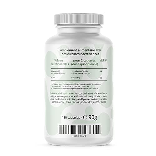 Probial 21 Mix | 21 souches bactériennes + maximum d'inuline | 180 gélules à enrobage entérique (DRcaps ®) | Dosage idéal de bactéries et d'inuline | Vegan | Transformé et testé en Allemagne