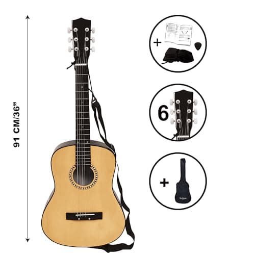 Lexibook Guitare Acoustique, 91 cm, Guide d'apprentissage Inclus, 6 Cordes en Nylon, Housse de Transport Incluse, Bois/Noir, K2200