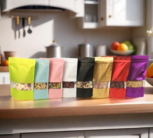 Rimiko 100 Pcs Sachets Alimentaires Debout avec Fenêtre Transparente, Sachet Zip Refermable Aluminium Stand up, Sac Pochette Mylar pour Conservation des Aliments (Doré,10x15 cm)