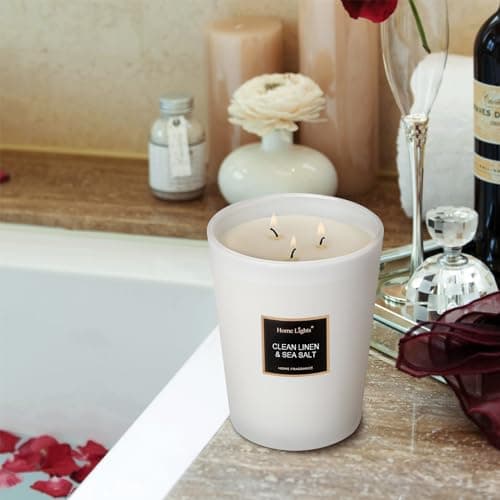 HomeLights Bougies parfumées en pot, bougies de soja naturel, 3 mèches en coton, sans fumée, longue durée de 130 heures, Lin propre et sel de mer