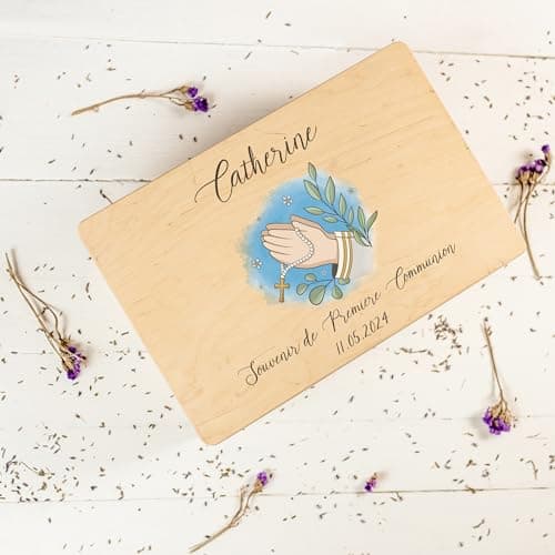 Creative Deco Personnalisé Première Communion Confirmation Cadeau Boite | Boîte à Souvenirs en Bois Garçon et Fille | Personnalisés - Calice et Prière du Chapelet | Personnalisable Idée Coffret