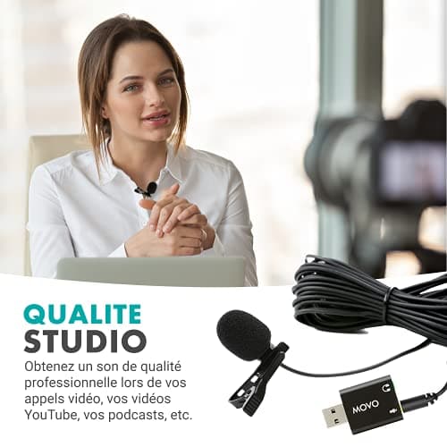Microphone Universel Lavalier USB Movo pour Ordinateur avec Adaptateur USB Compatible avec Les PC et Les Mac, Smartphones, appareils Photo, podcasting, Microphone Portable (Cable de 6 mètres)