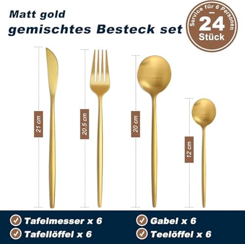 Bestdin set couverts de table 6 personnes dorés, ensemble de couverts inox 24 pièces, Comprend des couteaux/fourchettes/cuillères, fini mat et lavable au lave-vaisselle, facile à nettoyer