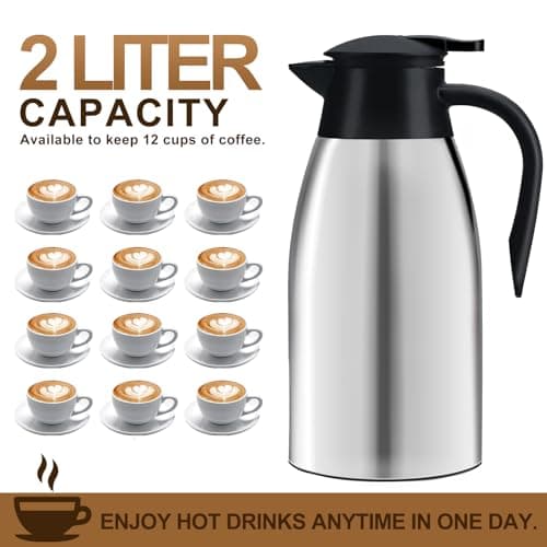 Pichet Isotherme 2L Thermos café 304 Acier Inoxydable Double-Wall Vacuum Isolé thermos 2L avec Poignée et Bec Café Pot Thermos pour Eau Chaud au Bureau Hôtel et Restaurant (argent)