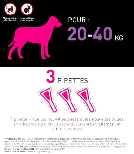 FRONTLINE Tri-Act Chien - Anti Puces, Tiques, Moustiques, Phlébotomes & Mouches - Pour Gros Chien De 20 à 40 kg - Fabriqué En France - 3 Pipettes Application Spot On