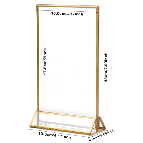 Natuce Lot de 6 Présentoirs de Table en Acrylique, 18 x 10,7cm, Cadre Photo Double Face Transparent avec bord Dorées, pour Menu de Restaurant, Numéros de Table de Mariage, Photo, Publicité, Réception