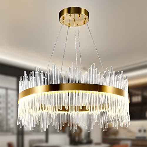 Chandelier en cristal d’or moderne pendentif Light, Dimmable lampe ronde en cristal de luxe, pour le salon, la salle à manger, la chambre, le Restaurant, Ø60 cm