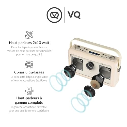VQ Hepburn MK II Radio DAB Plus/DAB avec Bluetooth, FM et Radio Réveil Fonction - Alimentée par Secteur et Batterie Radio Vintage Portable avec entrée AUX, Prise Casque et Port de Charge USB - Crème