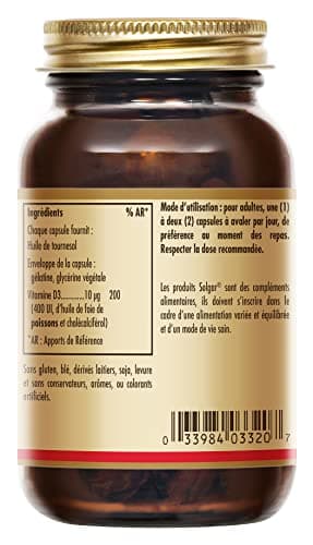 Solgar Vitamine D3 400 UI - Défenses naturelles - Immunité - Santé des os - Système Immunitaire - Complément Alimentaire - Flacon de 100 capsules