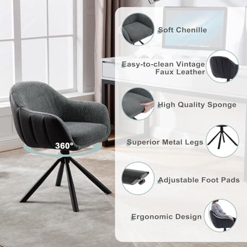 WOLTU Chaise Pivotante, Lot de 2, Chaise Salle à Manger, Chaise de Cuisine, Chaise Scandinave, Fauteuil, Siège Rembourré, Pieds en Métal, Chenille Gris Foncé + Simili Cuir Anthracite, EZS04dgr-2