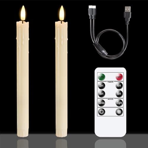 Zevanor Bougies LED rechargeables sans flamme avec minuterie à distance, lot de 2 bougies vacillantes en plastique ivoire de 2,2 cm x 25 cm fonctionnant sur piles (câble de chargement USB inclus)