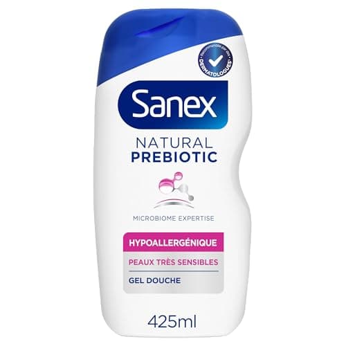 SANEX - Natural Prebiotic Hypoallergénique Gel Douche - Peau Très Sensible - Hydratation 12h - Complexe Prébiotique & Postbiotique - Testé Sous Contrôle Dermatologique - Sans Sulfate* - 425mL x6