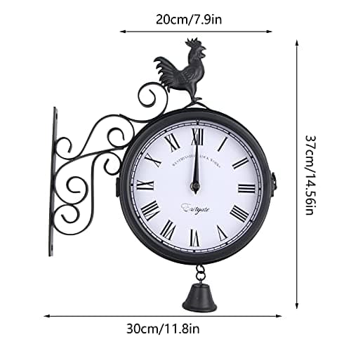 Horloge de jardin - Horloge de gare - Montre Résistante aux intempéries - Design double face - Étanche - 20 cm - Rétro - Avec support mural - Pour jardin, couloir, véranda, gare - Noir