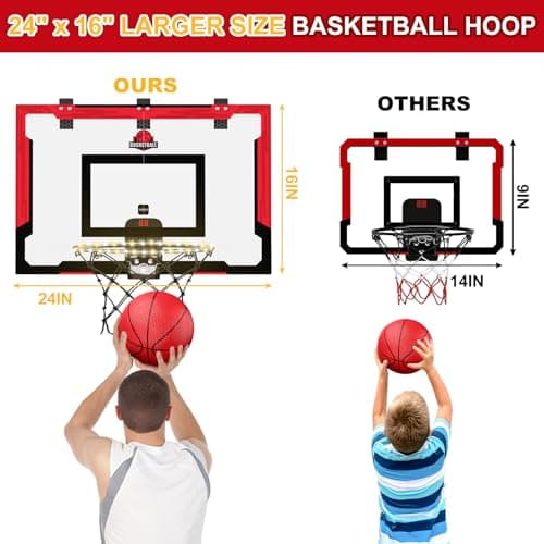 HYES 24" x 16" Panier de Basket Interieur pour Enfants, Panier de Basket avec Scoreboard et éclairage, Panier Basket Chambre avec 2 Ballons, Pompes, Jouet de Sport pour extérieur, Rouge