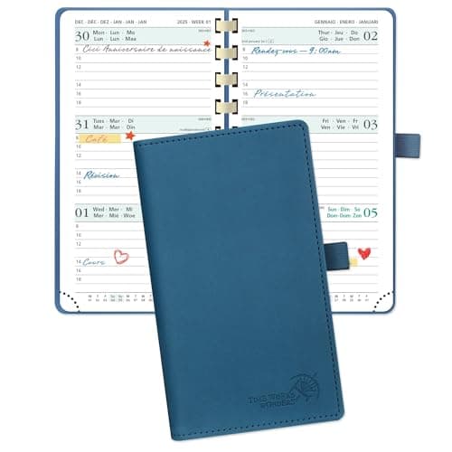 POPRUN Agenda de Poche 2025 16,5 x 9 cm - Couverture Souple en PU Cuir Spirale, Petit Planner Semainier D'Jan 2025 à Déc 2025-12 Mois, Fente Pour Carte, Papier Certifié FSC® 80 g/m2, Bleu nuit