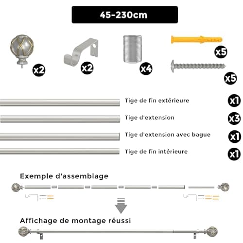 Tringles à rideaux,Épaisseur de la paroi du tube, Non Pliante, Tringle de rideau simple télescopique de 45 à 230 cm (17.7-91.0 pouces), Tringles à rideaux argentées pour fenêtres de 40 à 225 cm