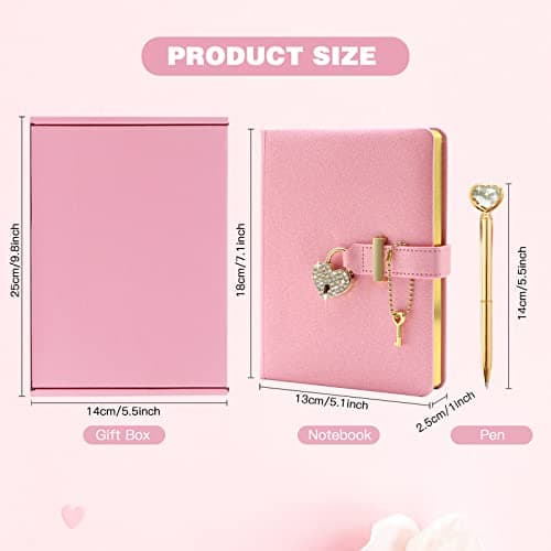 Topzora Journal Intime Fille Cadenas et clé +Stylo Diamant en Forme de Coeur,Carnet Secret,(Rose)