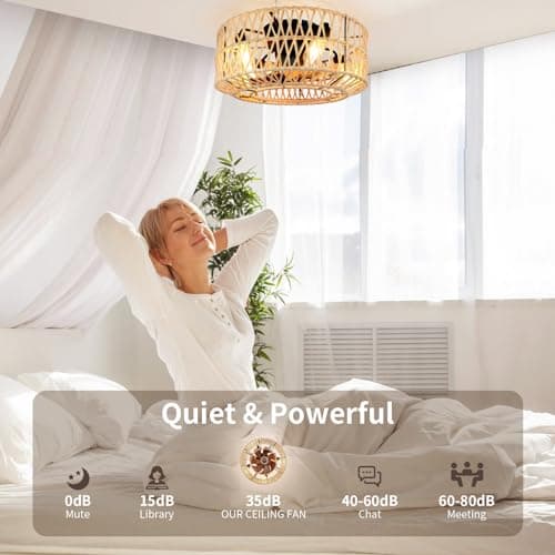 FIMEI Ventilateurs de plafond avec lumières et télécommande, 6 vitesses réversibles, 19'' ventilateur en corde de chanvre tissée à la main, éclairage pour salon, minuterie, 11W lumière, 20W DC Moteur
