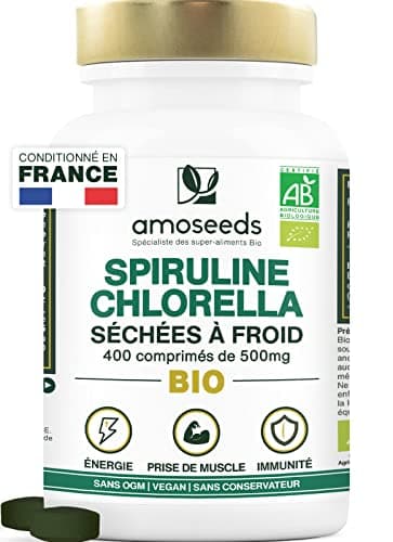 Spiruline et Chlorella BIO | 400 comprimés vegan de 500mg | 4500mg par jour | 17% Phycocyanine, Séchées à Froid | Détox, Anti-fatigue, Antioxydant | Qualité Supérieure