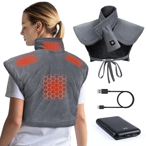 Arlierss Graphène Coussin Chauffant pour Cou et Dos avec Batterie 10000mAh, Coussin Chauffant Électrique Avec 3 Niveaux Réglage Température, Fonction D'arrêt Automatique pour Soulager la Douleur