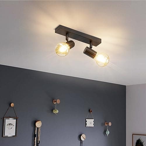 Klighten Spot Plafond E27, Vintage Plafonnier 2 Spots Noir Orientable, Luminaire Plafonnier Industrielle, Éclairage de Plafond Interieur pour Cuisine, Chambre, Salon, 26cm, Ampoule non Incluse