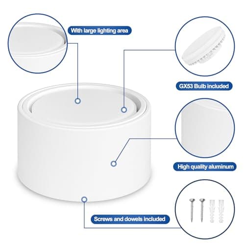 YindaLux Lot de 4 LED Spot en Saillie Blanc 220-240V Ø95x55mm Plafonnier Incluse ampoule GX53 6W Blanc chaud 3000K 660LM Plafonnier Spot LED Luminaire Apparent avec spot à grande surface lumineuse
