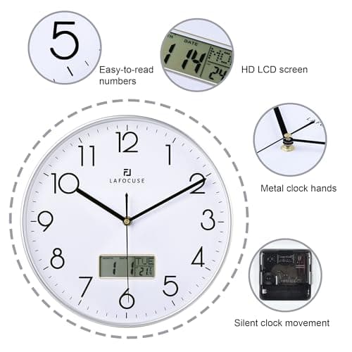 Lafocuse Horloge Murale Calendrier LCD avec Date Thermomètre, Moderne Silencieuse Pendule Murale Argent, Quartz sans Tic-tac Déco pour Salon Chambre Bureau Cuisine 30cm