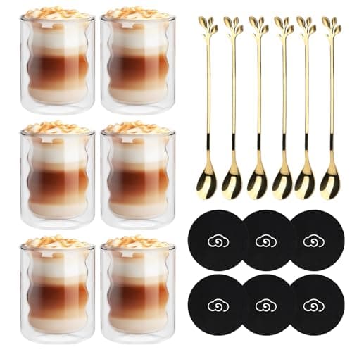 CPROSP 6 * 200ml Tasse à Café Double Paroi, Verre à Double Paroi pour Café Latte avec 6 Cuillère + 6 Sous-Verre, Tasses à Café en Cristal Résistantes à la Chaleur