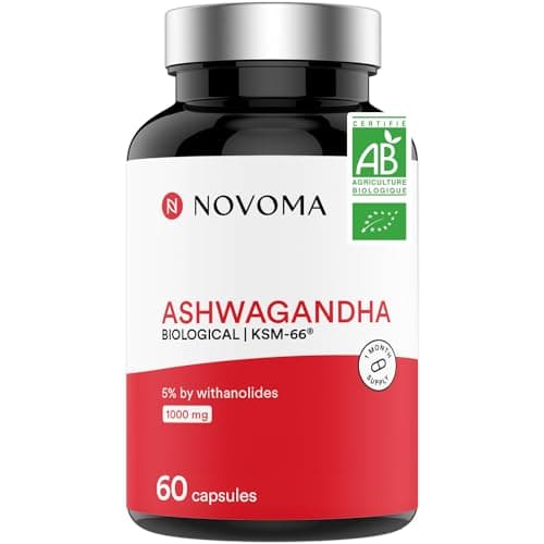 NOVOMA Ashwagandha KSM-66® 1000 mg, Anti-stress & Sommeil, 5% de Withanolides, 60 Gélules Vegan, Fabriqué en France