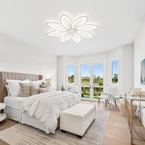 Lustre Ventilateur de Plafond, Ventilateur Plafond avec Lumiere Silencieux, Plafonnier Ventilateur Fleur Design Moderne, Dimmable, Fonction Mémoire, 6 Vitesses, Moteur DC, Réversible Eté Hiver, Bianco