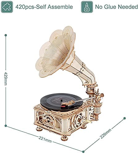 ROKR Puzzle 3D Maquette en Bois a Construire pour Adulte Enfants Maquette Gramophone Classique Kits de Modèles de Bricolage Construction Jouet, Modes Automatique et Manuel LKB01D
