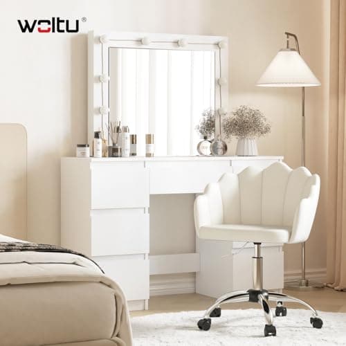 WOLTU Chaise Bureau, Chaise Coiffeuse, avec Dossier en Pétale, Fauteuil Coquillage, Chaise de Bureau Ergonomique, Chaise Velours Pivotante, Hauteur Réglable, Cadre en Métal, Crème Blanc BS152cm