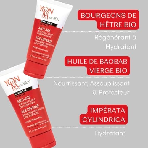 Yonka For Men Age Defense Hydratant 40ml - Crème Visage Anti-Âge Quotidienne pour Peau Sèche et Mature - Ultra Hydratante, Prévient les Rides, Antipollution, Antioxydante - Origine Naturelle