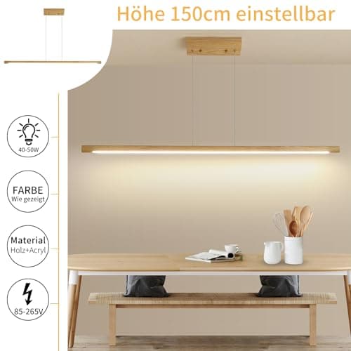 Mikeru 100cm Lampe Pendante Carrée En Bois De Frêne, Lampe Pendante Minimaliste Dimmable De 10% à 100% Luminaires Pendants Réglables En Hauteur