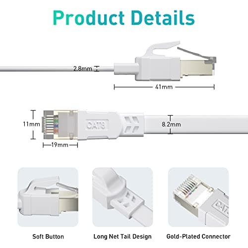 BAHIWOM Câble Ethernet Cat8 1m 5 Pièces, 40 Gbit/s 2000 MHz Câble Réseau Gigabit LAN Haute Vitesse Avec RJ45 et Connecteur Plaqué or Câble Internet pour Routeur, pour Laptop, pour PS5 - Blanc