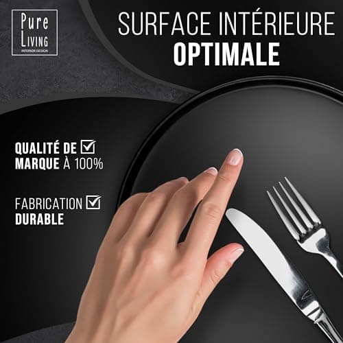 Ensemble de 6 Assiettes Plates Noires Mattes Manhattan -Teller en Grès Premium, Adaptés au Lave-vaisselle et au Micro-ondes- Élégantes Assiettes Noires pour 6 Personnes - Pure Living Urban Black