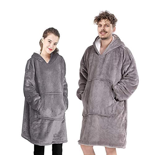 Flannel Hoodie Couverture Chaude Douce Robe Sweat Pull avec des Manches Velvet Épaisse Plaid Couverture, Sweat à Capuche Super Doux Chaud Confortable Taille Unique Gris