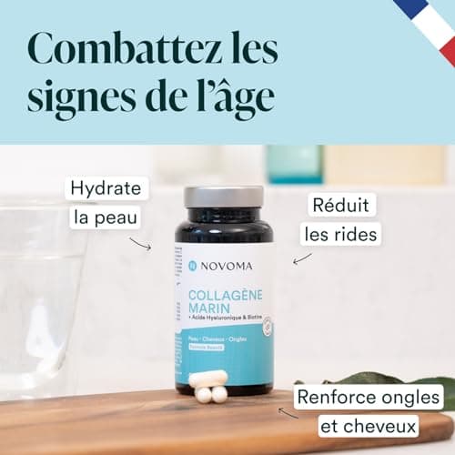 NOVOMA Collagène Marin + Acide Hyaluronique, 1000 mg de Collagene Pur Hydrolysé Type 1 & 3, Avec Vitamine C, Zinc et Biotine, Beauté de la Peau, Cheveux et Ongles, 90 gélules