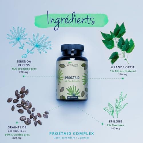 Complexe Prostate & Confort Urinaire Homme | 180 Gelules | 100% Naturel | Saw Palmetto + Ortie + Epilobe + Citrouille | Avec 45% Acides Gras | VEGAN | 3 Mois