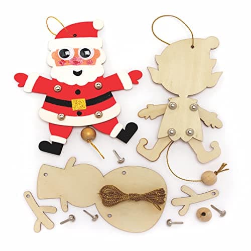 Baker Ross FC192 Marionnette Enfants en Bois motifs de Noël - Lot de 5, Marionnette a Fabriquer, Marionnette en Bois Articulé, Noel Enfant, Activites Manuelles pour Enfants