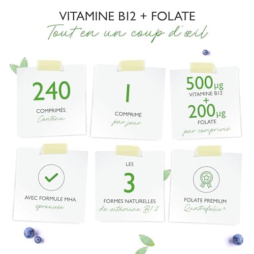 Vitamine B12-240 comprimés pour 8 mois - 500μg Vit B12 + acide folique 200μg par jour - Méthylcobalamine, adénosylcobalamine & hydroxocobalamine B12 + acide folique bioactif Quatrefolic®
