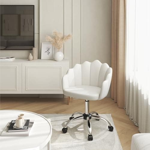 WOLTU Chaise Bureau, Chaise Coiffeuse, avec Dossier en Pétale, Fauteuil Coquillage, Chaise de Bureau Ergonomique, Chaise Velours Pivotante, Hauteur Réglable, Cadre en Métal, Crème Blanc BS152cm