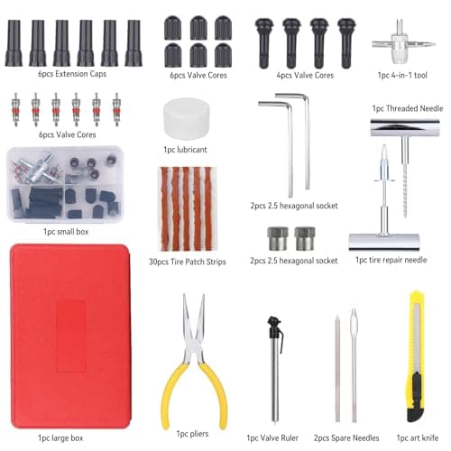 73PCS Kit de Réparation de Pneus de Voiture, Outils de Réparation de Pneus Lourds et Kit de Réparation de Pneu Plat Pneu Plat Meche Pour Voitures, Motos, Camions, VTT, Tracteurs, camping-cars
