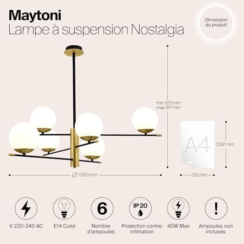 MAYTONI Lustre Suspension 6 lampes, Série Nostalgia, Style Moderne, Art Déco, Armature en Métal Couleur Or, Abat-jours en verre blanc, ampoules non incluses E14 6x 40W 220V