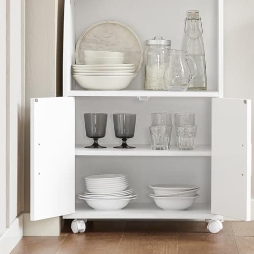 SoBuy Desserte, Micro-Onde à roulettes, Meuble de Rangement Cuisine, Chariot, Commode, Étagère de Micro-Ondes, Meuble Four, pour Salle à Manger, Cuisine, Salon, Blanc, L55xP38xH34 cm, FRG241-W