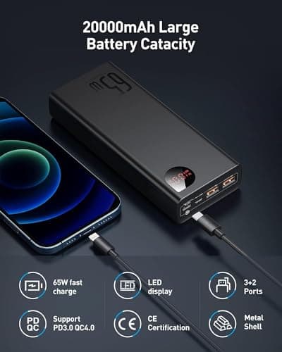 Baseus Batterie Externe 65W, Power Bank 20000mAh, Batterie pour Ordinateur Portable PD QC 4+, Entrée et Sortie USB-C, pour MacBook, Dell, HP, Notebook, iPhone, Galaxy, Steam Deck