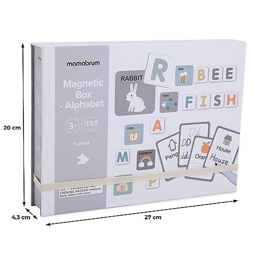 mamabrum, Puzzle magnétique - Alphabet - Apprentissage de l'écriture, 1 boîte magnétique, marqueur effaçable, Tissu, 26 Cartes, 78 Carreaux magnétiques, pour Enfants Lettres et Chiffres magnétiques