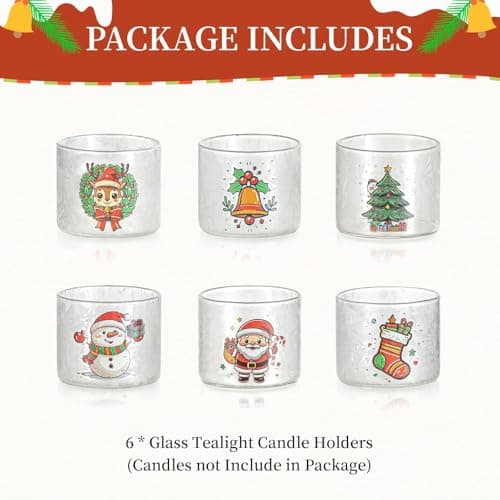 Glasseam Porte-Bougies De NoëL : Bougeoirs en Verre pour Bougies Chauffe-Plat Lot De 6 Bougeoirs DéCoratifs De NoëL Mignon Petit Bougeoir Votif pour Les Centres De Table FêTe DéCoration Maison Cadeau